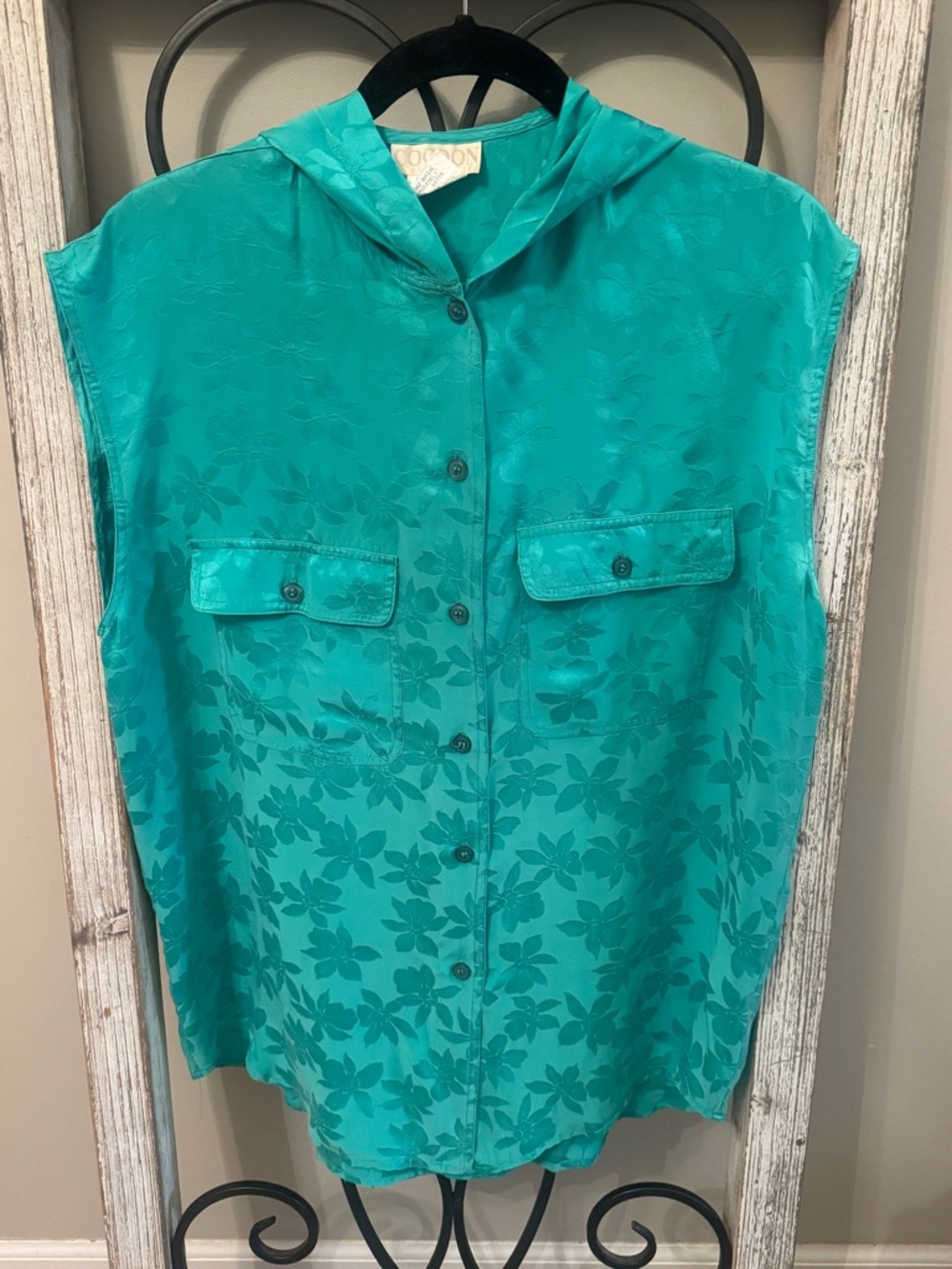 Cocoon 100% Silk Hooded Blouse‎ Teal Floral Jacquard Sleeveless Button Front